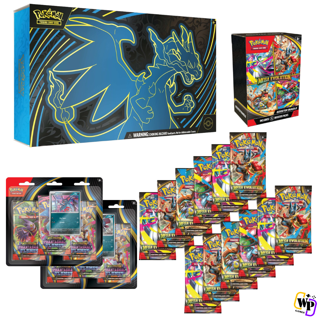 12x Phantasmal Flames Booster Packs + 2x Phantasmal Flames 3 Booster Pack Blisters + 1x Phantasmal Flames Booster Bundle + 1x Mega Charizard X ex Ultra-Premium Collection
