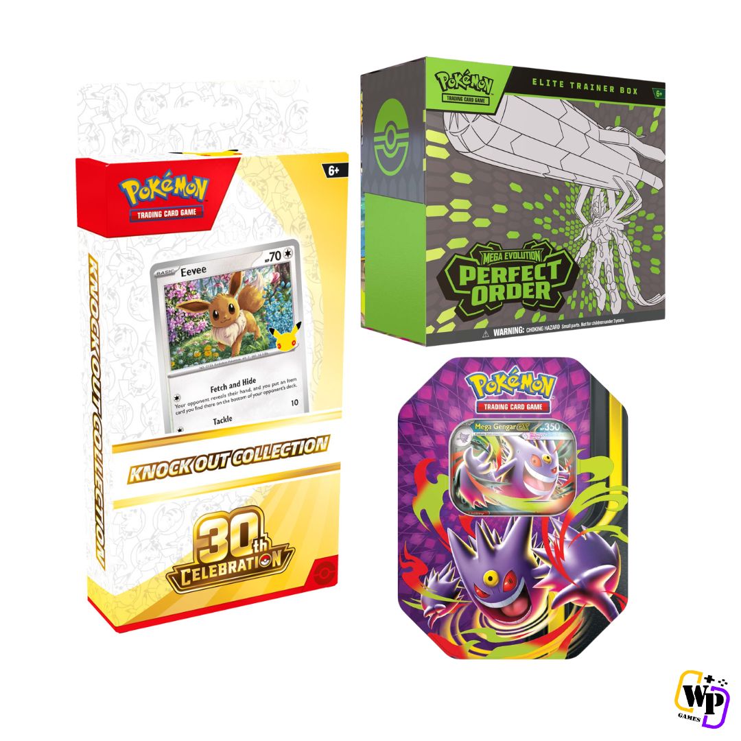 Pokemon TCG: 30th Celebration Bundle 6: 1x 30th Celebration Knock Out Collection + 1x Perfect Order ETB + 1x Mega Moonlight Tin