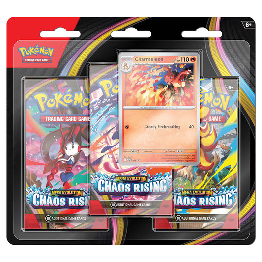 Pokémon TCG Mega Evolution Chaos Rising Three Booster Blister pack with three sealed booster packs and a promo card