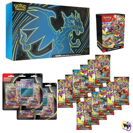 12x Phantasmal Flames Booster Packs + 2x Phantasmal Flames 3 Booster Pack Blisters + 1x Phantasmal Flames Booster Bundle + 1x Mega Charizard X ex Ultra-Premium Collection