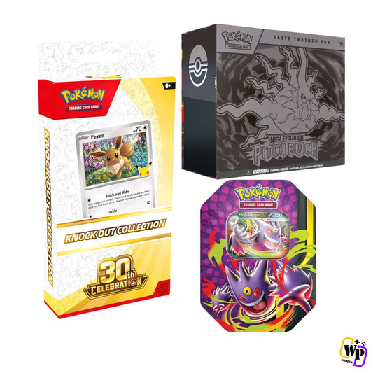 Pokemon TCG: 30th Celebration Bundle 8: 1x 30th Celebration Knock Out Collection + 1x Pitch Black ETB + 1x Mega Moonlight Tin